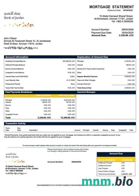 Jordania Bank of Jordan wyciąg z kredytu hipotecznego szablon Word i PDF
